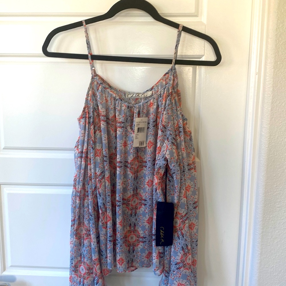 CHLOE K Multi color spaghetti strap/cold shoulder silhouette blouse
